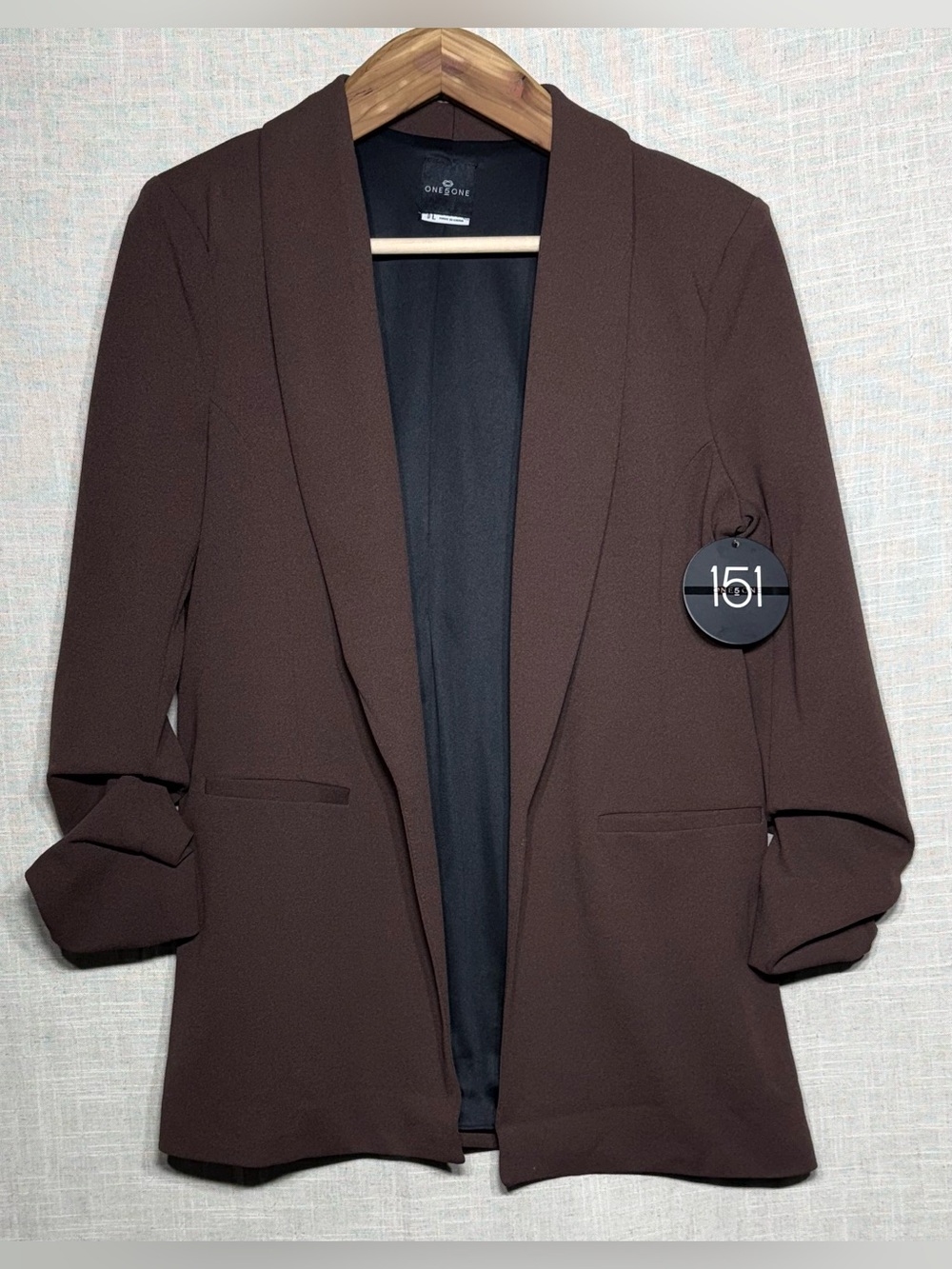ONE 5 ONE Java Brown Open Front Ruched 3/4 Sleeve Blazer - Size L NWT